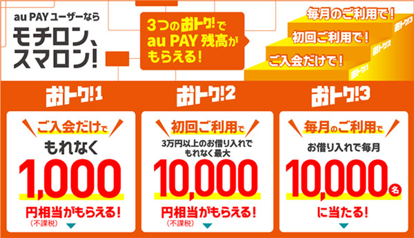 au PAYユーザーならモチロン、スマロン！3つのおトク！でau PAY 残高がもらえる！