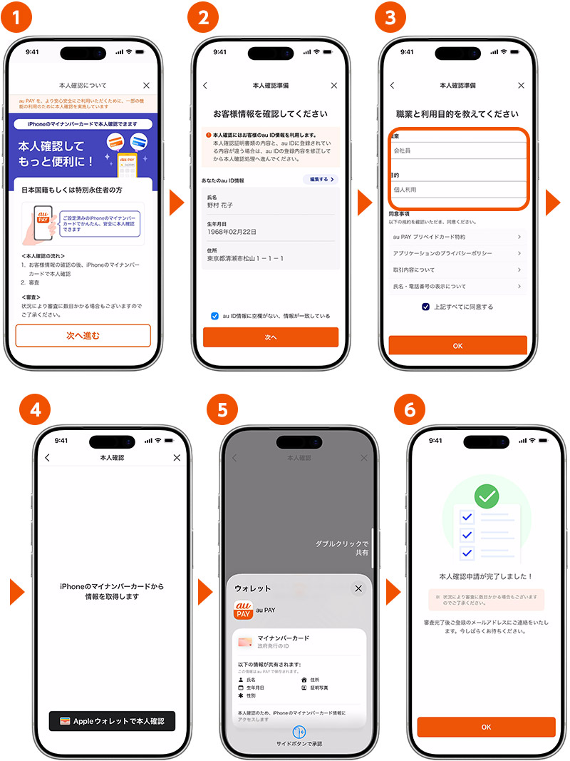 au PAY アプリでの本人確認手順　画面遷移